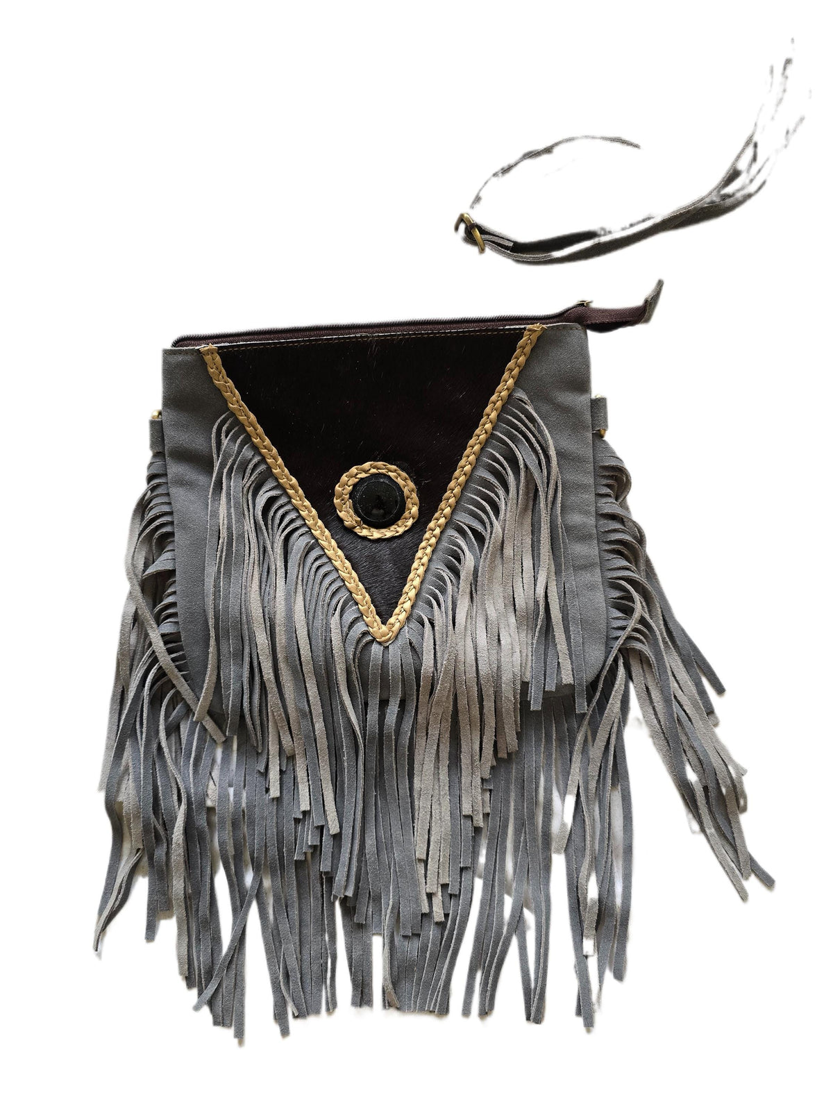 Grey Fringe Leather Crossbody Bag, Black Cowhide Purse, Boho Western Bag, Hippie Festival Handbag, Cowgirl Fringe Bag