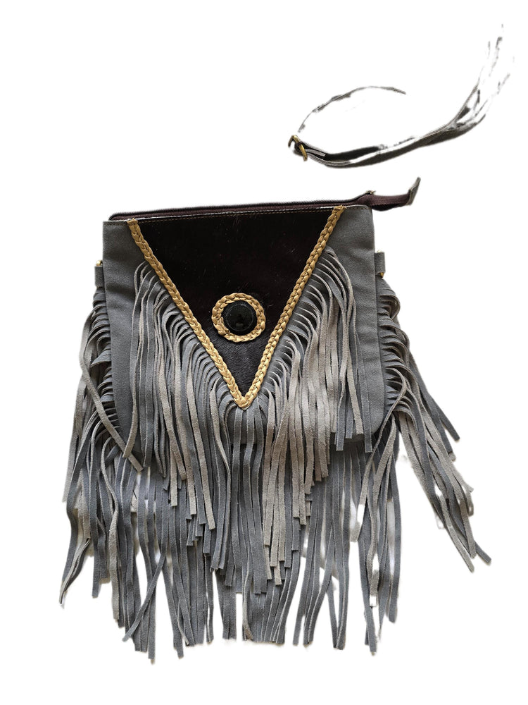 Grey Fringe Leather Crossbody Bag, Black Cowhide Purse, Boho Western Bag, Hippie Festival Handbag, Cowgirl Fringe Bag