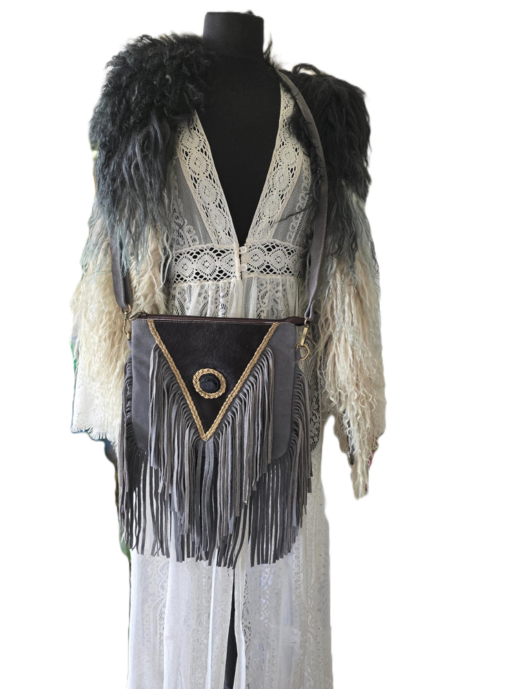 Grey Fringe Leather Crossbody Bag, Black Cowhide Purse, Boho Western Bag, Hippie Festival Handbag, Cowgirl Fringe Bag
