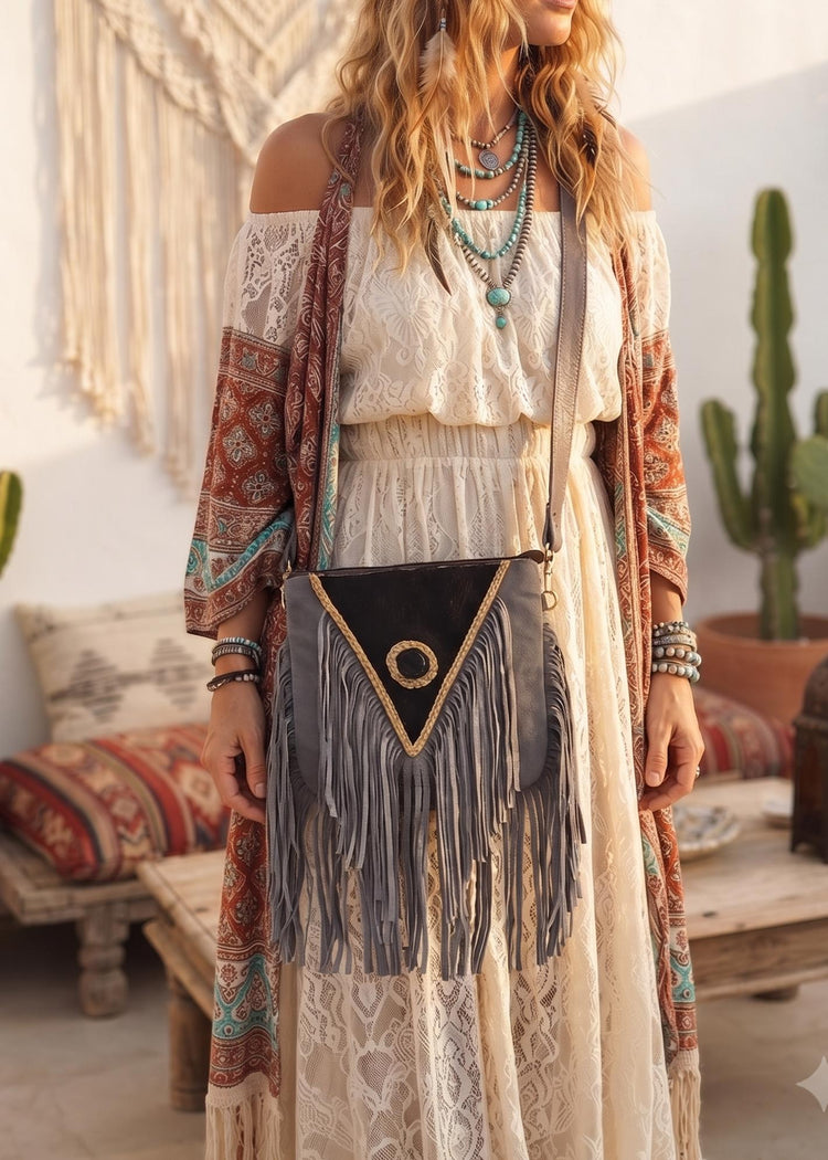 Grey Fringe Leather Crossbody Bag, Black Cowhide Purse, Boho Western Bag, Hippie Festival Handbag, Cowgirl Fringe Bag