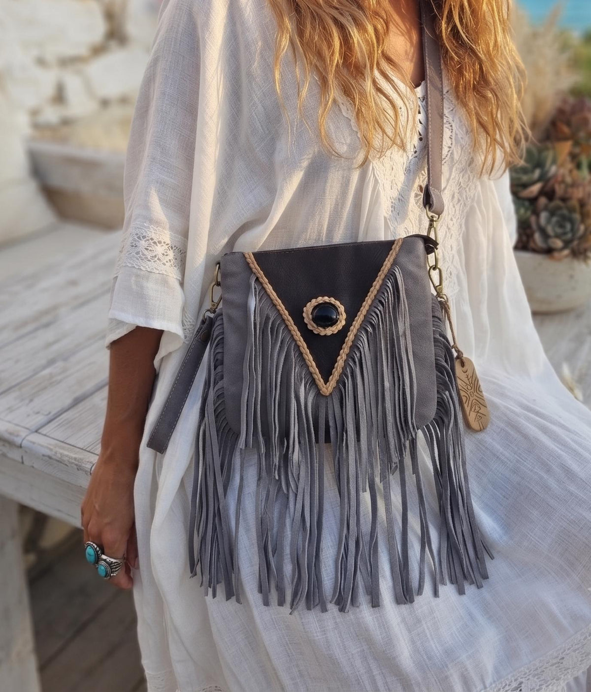 Grey Fringe Leather Crossbody Bag, Black Cowhide Purse, Boho Western Bag, Hippie Festival Handbag, Cowgirl Fringe Bag