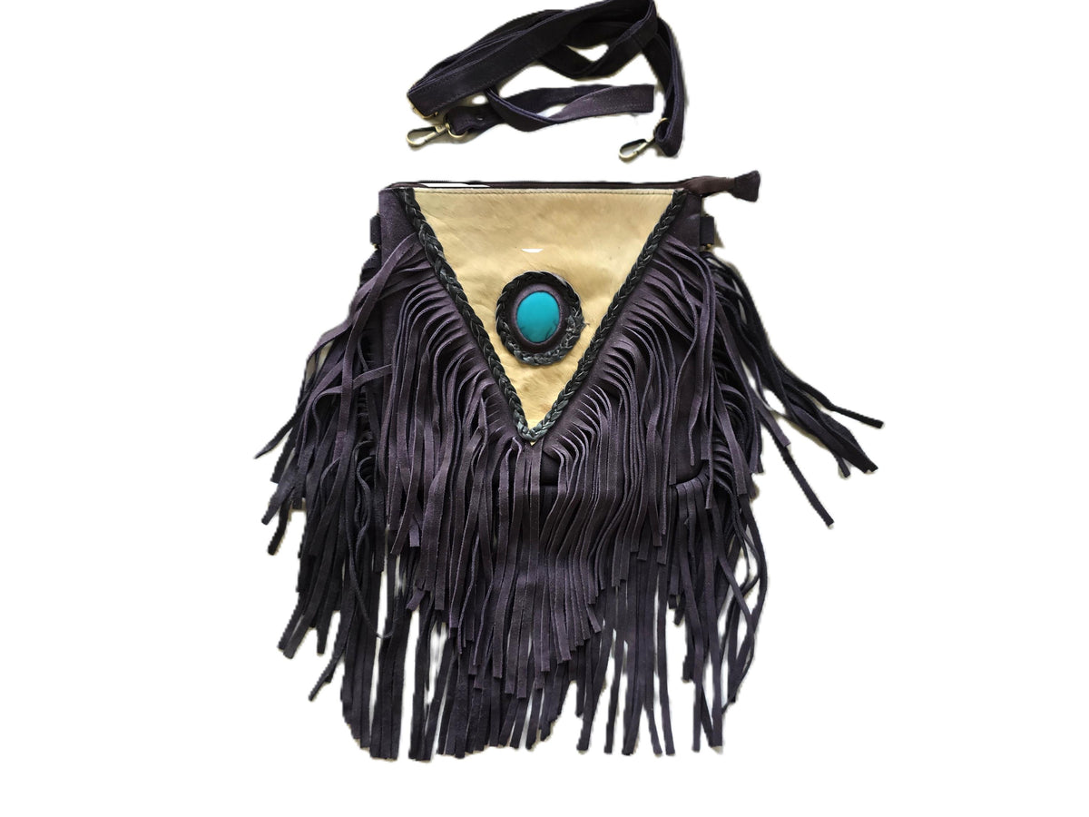 Purple Fringe Leather Crossbody Bag, White Cowhide Purse, Turquoise Boho Western Bag, Hippie Festival Handbag, Cowgirl Purse