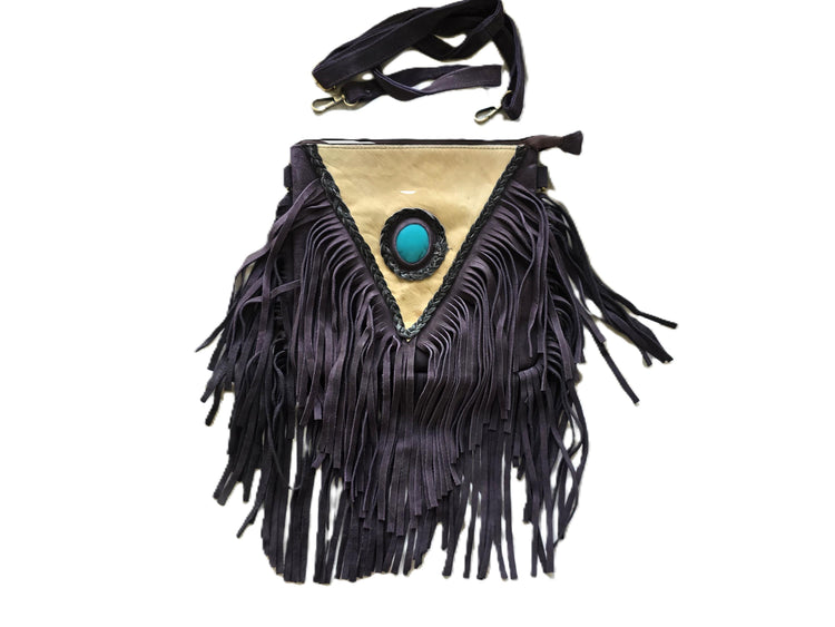 Purple Fringe Leather Crossbody Bag, White Cowhide Purse, Turquoise Boho Western Bag, Hippie Festival Handbag, Cowgirl Purse
