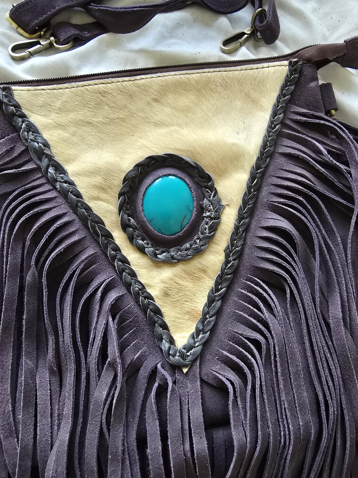 Purple Fringe Leather Crossbody Bag, White Cowhide Purse, Turquoise Boho Western Bag, Hippie Festival Handbag, Cowgirl Purse