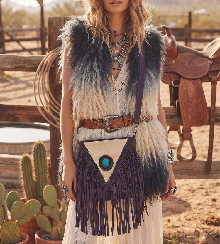 Purple Fringe Leather Crossbody Bag, White Cowhide Purse, Turquoise Boho Western Bag, Hippie Festival Handbag, Cowgirl Purse