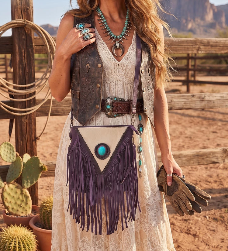 Purple Fringe Leather Crossbody Bag, White Cowhide Purse, Turquoise Boho Western Bag, Hippie Festival Handbag, Cowgirl Purse