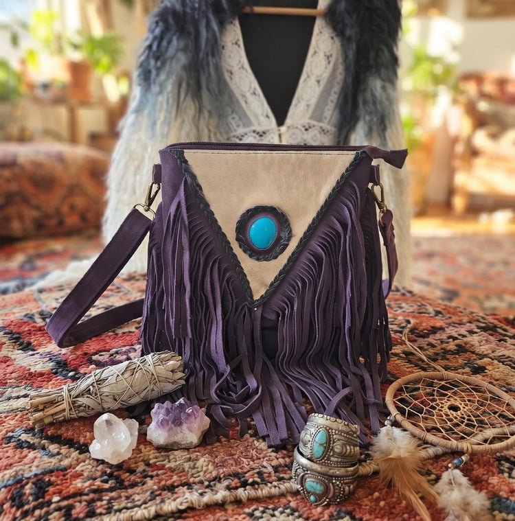 Purple Fringe Leather Crossbody Bag, White Cowhide Purse, Turquoise Boho Western Bag, Hippie Festival Handbag, Cowgirl Purse