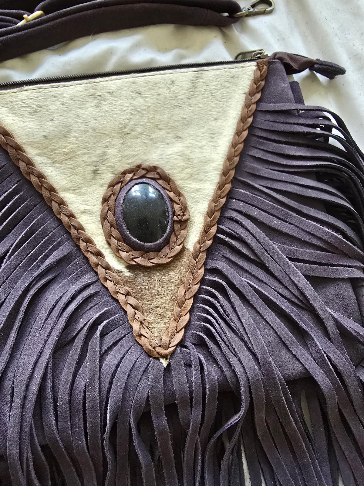 Purple Fringe Leather Crossbody Bag, Cowhide Western Purse, Boho Hippie Festival Bag, Purple Suede Shoulder Bag, Cowgirl Handbag