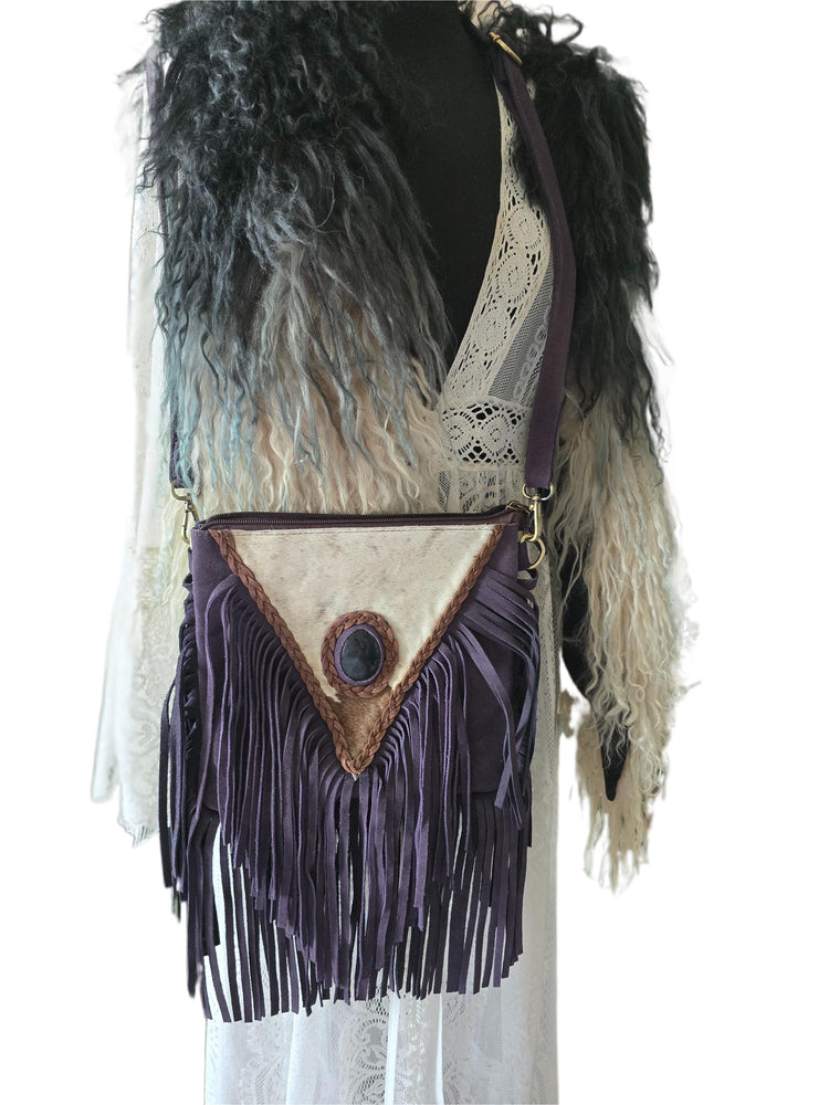 Purple Fringe Leather Crossbody Bag, Cowhide Western Purse, Boho Hippie Festival Bag, Purple Suede Shoulder Bag, Cowgirl Handbag