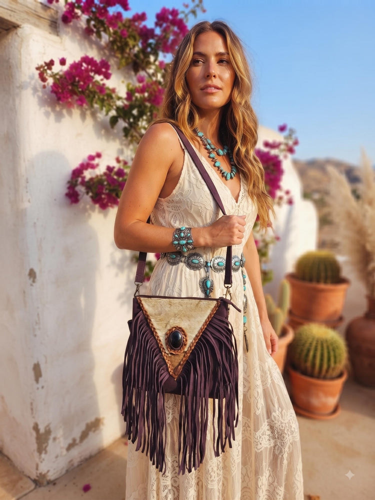Purple Fringe Leather Crossbody Bag, Cowhide Western Purse, Boho Hippie Festival Bag, Purple Suede Shoulder Bag, Cowgirl Handbag