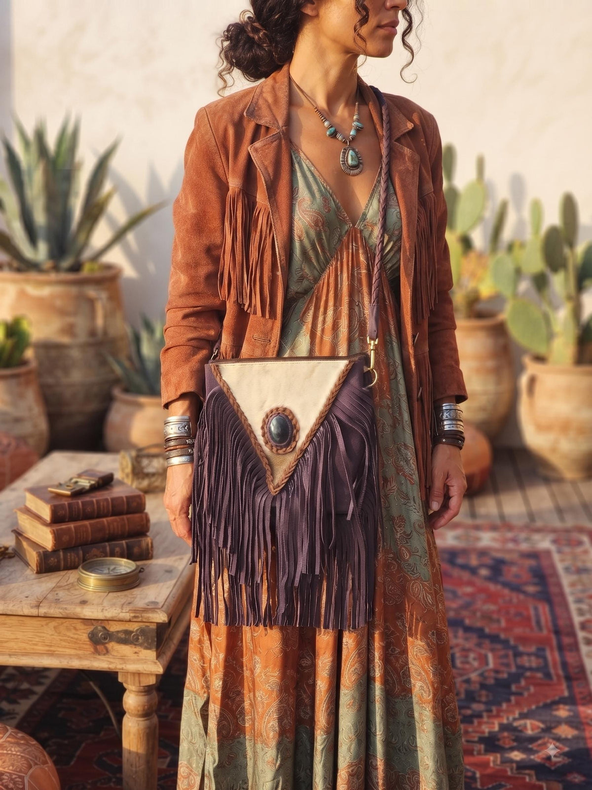 Purple Fringe Leather Crossbody Bag, Cowhide Western Purse, Boho Hippie Festival Bag, Purple Suede Shoulder Bag, Cowgirl Handbag
