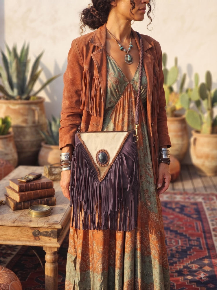 Purple Fringe Leather Crossbody Bag, Cowhide Western Purse, Boho Hippie Festival Bag, Purple Suede Shoulder Bag, Cowgirl Handbag