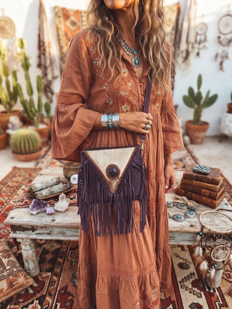 Purple Fringe Leather Crossbody Bag, Cowhide Western Purse, Boho Hippie Festival Bag, Purple Suede Shoulder Bag, Cowgirl Handbag