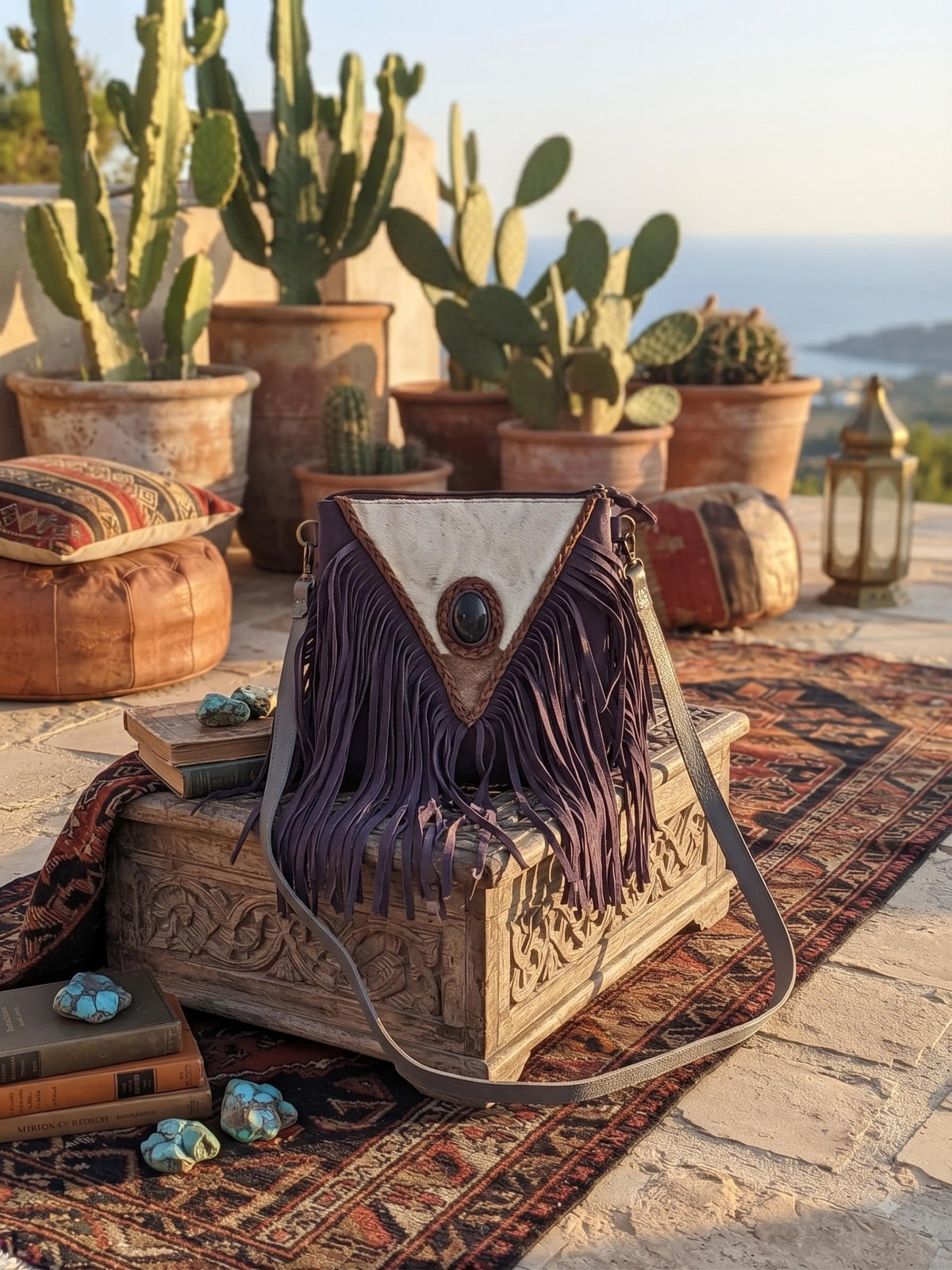 Purple Fringe Leather Crossbody Bag, Cowhide Western Purse, Boho Hippie Festival Bag, Purple Suede Shoulder Bag, Cowgirl Handbag