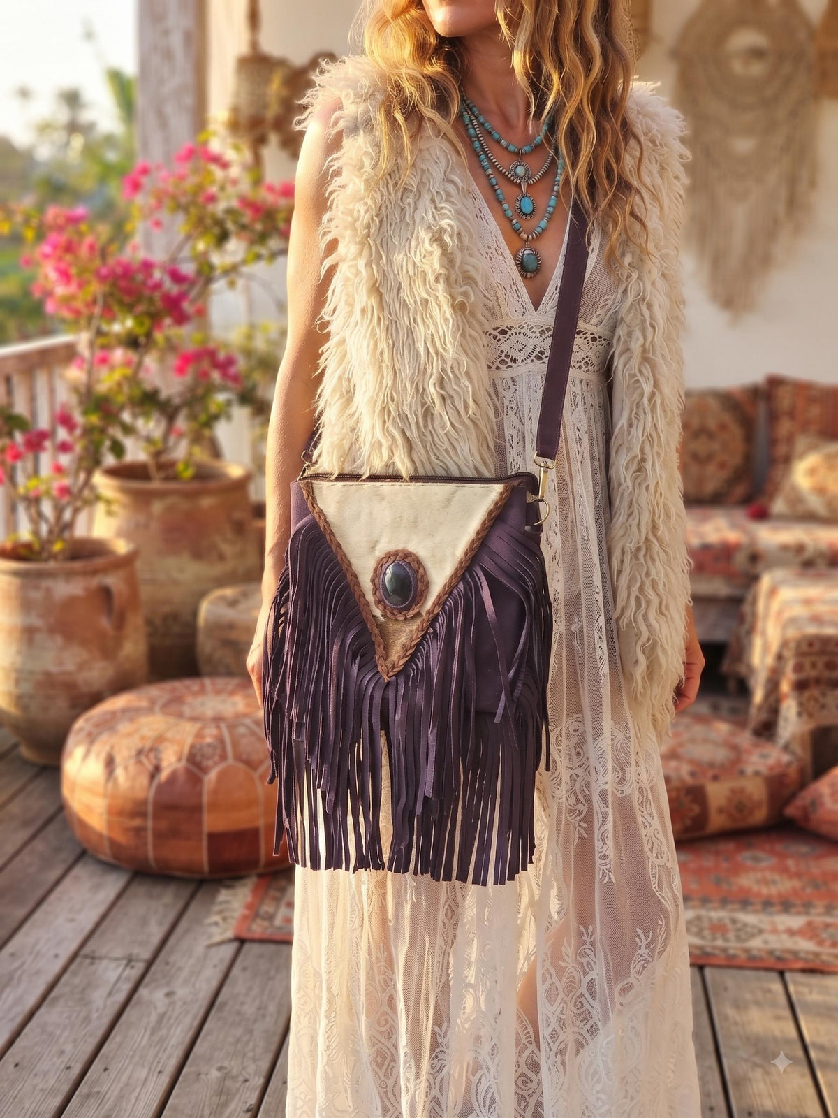 Purple Fringe Leather Crossbody Bag, Cowhide Western Purse, Boho Hippie Festival Bag, Purple Suede Shoulder Bag, Cowgirl Handbag