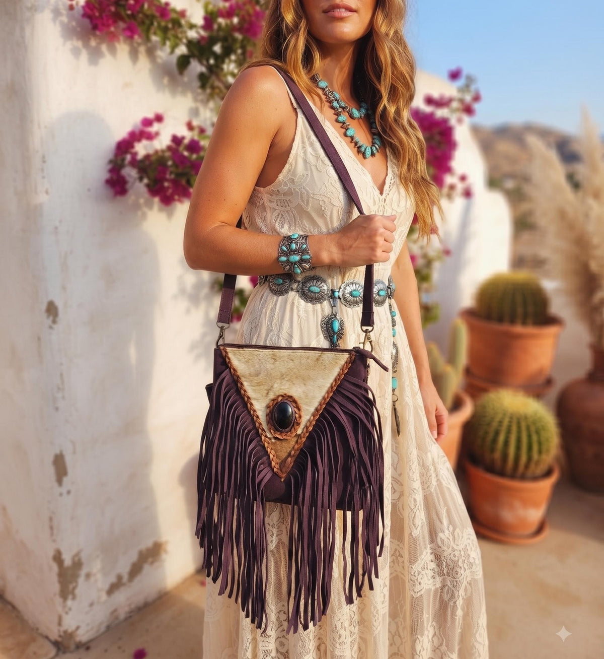Purple Fringe Leather Crossbody Bag, Cowhide Western Purse, Boho Hippie Festival Bag, Purple Suede Shoulder Bag, Cowgirl Handbag