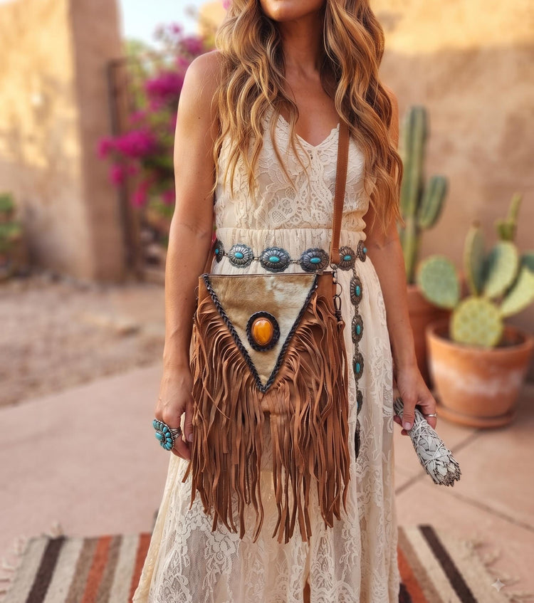 Tan Brown Fringe Leather Crossbody Bag, White Cowhide Western Purse, Boho Hippie Festival Bag, Suede Shoulder Bag, Amber Stone
