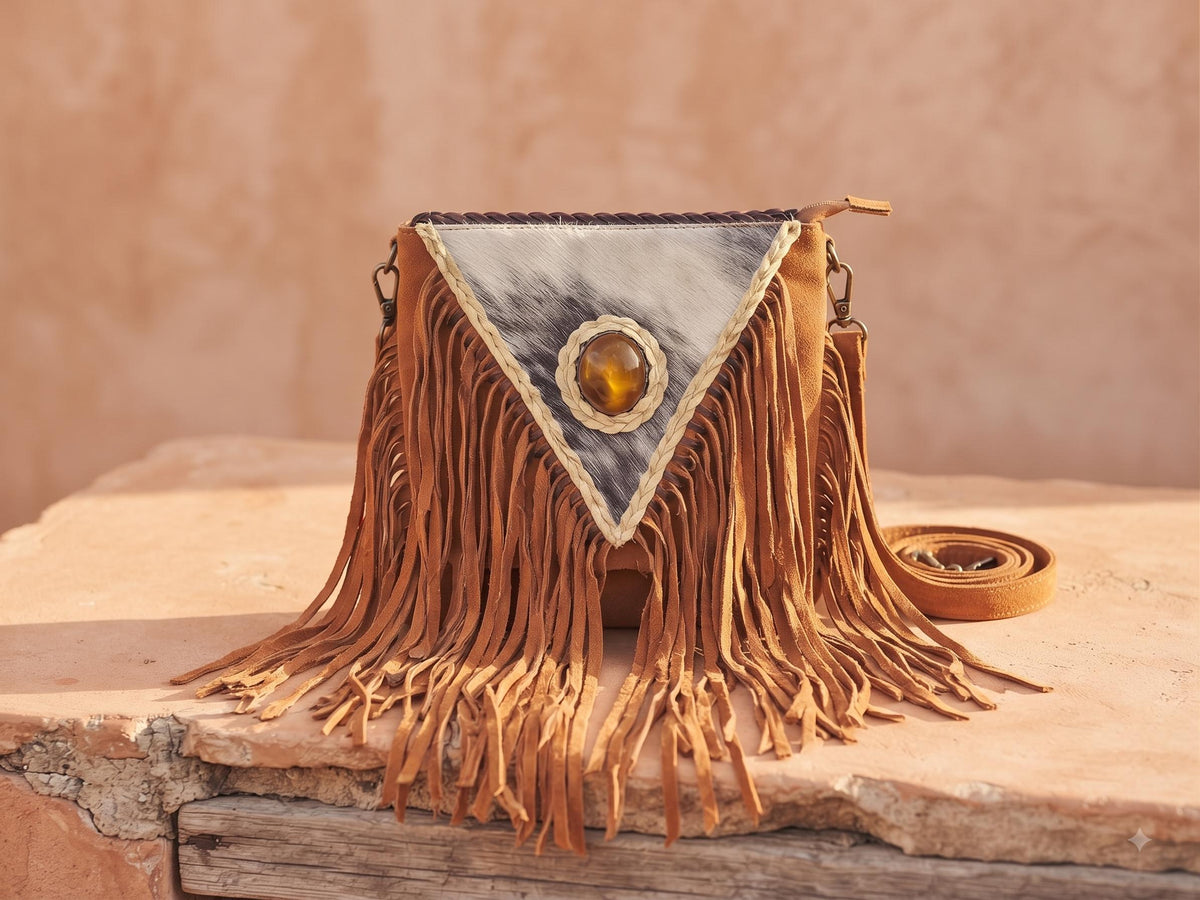 Hair On Cowhide Shoulder Bag, Western Leather Purse, Suede Crossbody Bag, Amber Stone Handbag, Rustic Festival Bag, Artisan Satchel