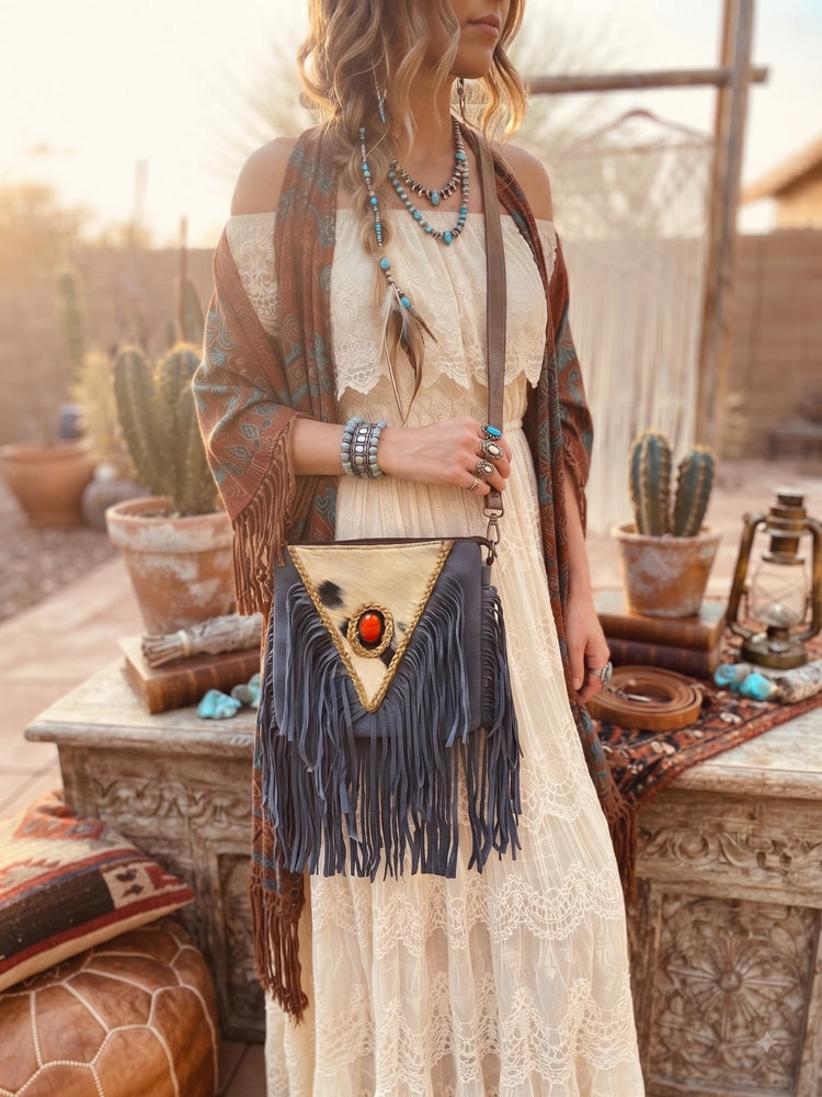 Hair On Cowhide Shoulder Bag, Western Leather Purse, Suede Crossbody Bag, Amber Stone Handbag, Rustic Festival Bag, Artisan Satchel