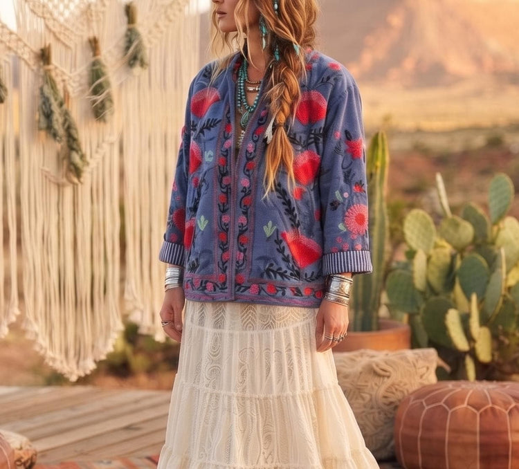 Floral Embroidered Cotton Boho Jacket, Festival Folk Coat, Multicoloured Hippie Festival Jacket, Unique Artisan Gift