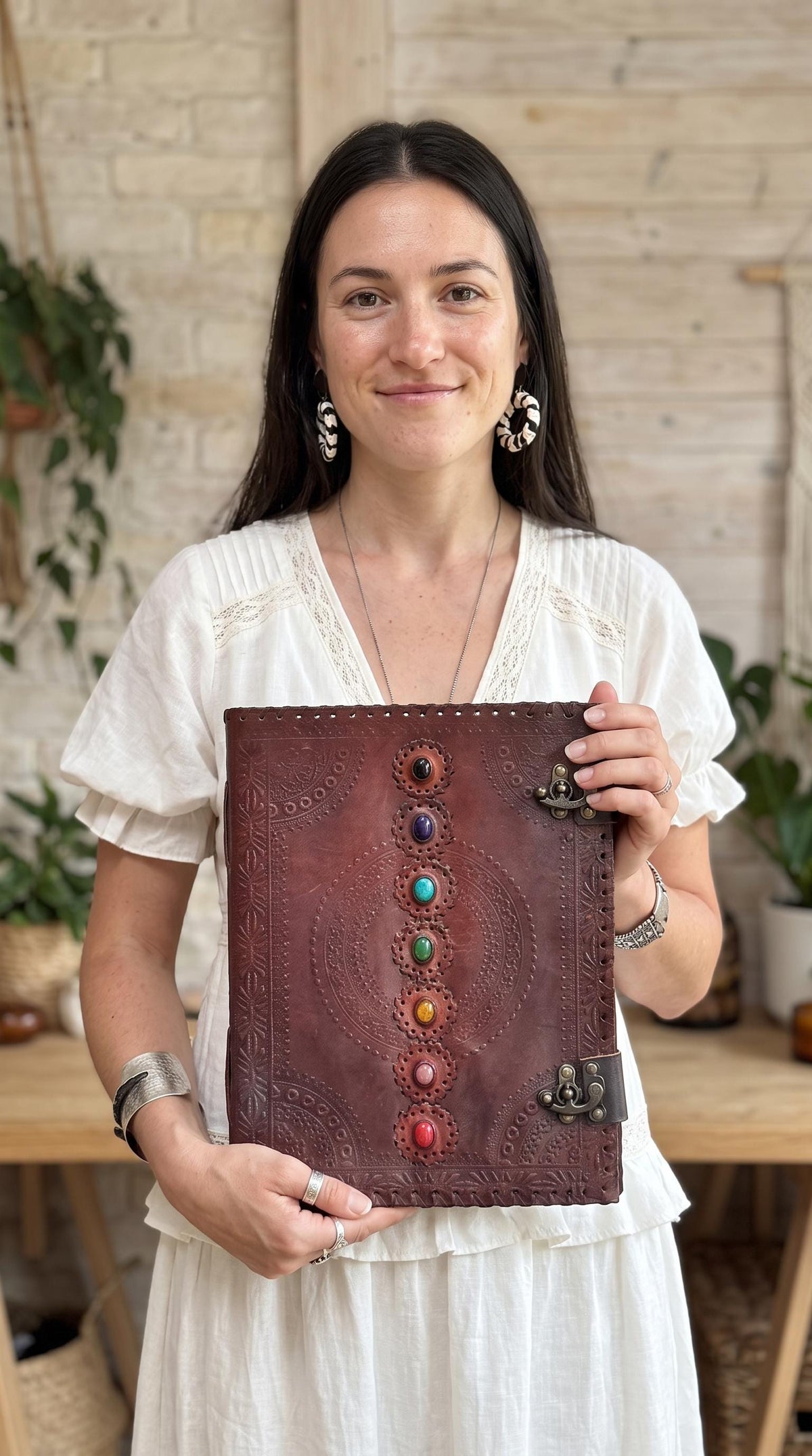 Large Leather Journal: 7 Chakra Stones, Handmade Embossed Notebook