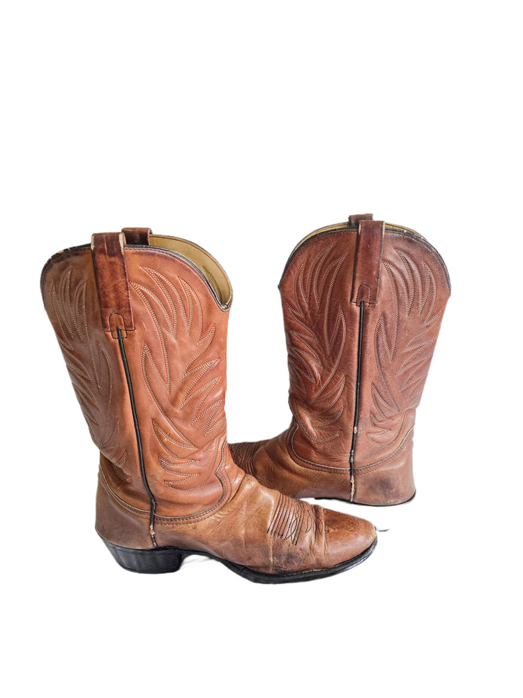 Rustic Leather Cowboy Boots Men UK 8.5, Tan Brown USA Made Western Wear, Rodeo Outfit, Mens Country Boots, US 9.5