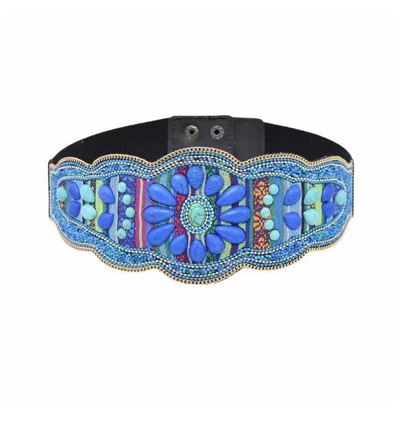 Boho Beaded Waist Belt, Elastic Festival Belt, Turquoise Floral Hippie Belt, Vintage Style Stretch Waist Belt