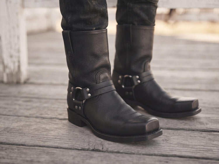 Men's Black Leather Biker Boots 12, Square Toe Motorcycle Boots 11, Mid Calf Western Riding Boots, Work Farm, USA Style