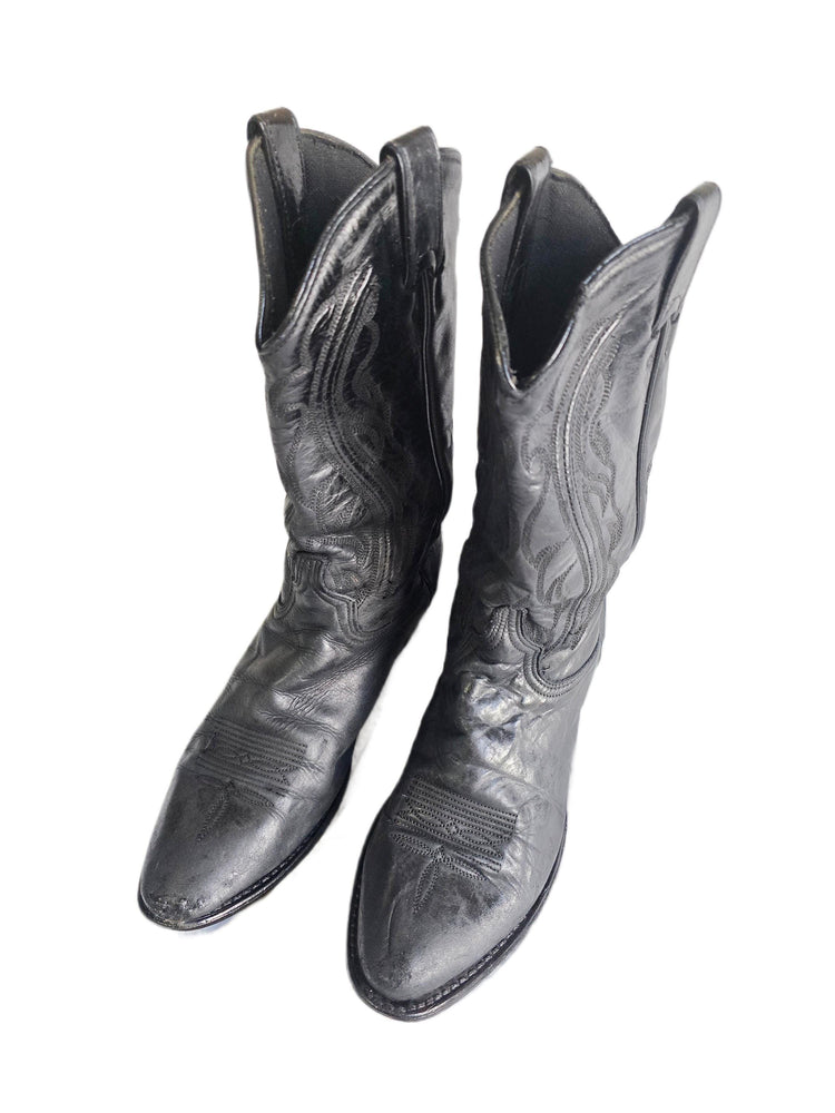 Vintage Black Leather Cowboy Boots Women UK 6-6.5, Western Cowgirl Boots US 8-8.5, Rustic Biker Boots, Genuine Leather Riding Boots 39-39.5