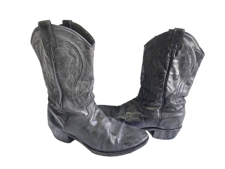 Vintage Black Leather Cowboy Boots Women UK 6-6.5, Western Cowgirl Boots US 8-8.5, Rustic Biker Boots, Genuine Leather Riding Boots 39-39.5