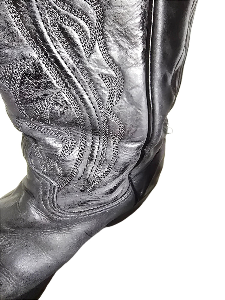 Vintage Black Leather Cowboy Boots Women UK 6-6.5, Western Cowgirl Boots US 8-8.5, Rustic Biker Boots, Genuine Leather Riding Boots 39-39.5