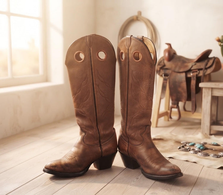 Tony Lama Cowboy Boots UK 6, Tan Brown Leather Western Boots US 8, Womens Knee High Cowgirl Boots, Rustic Boho Festival Boots