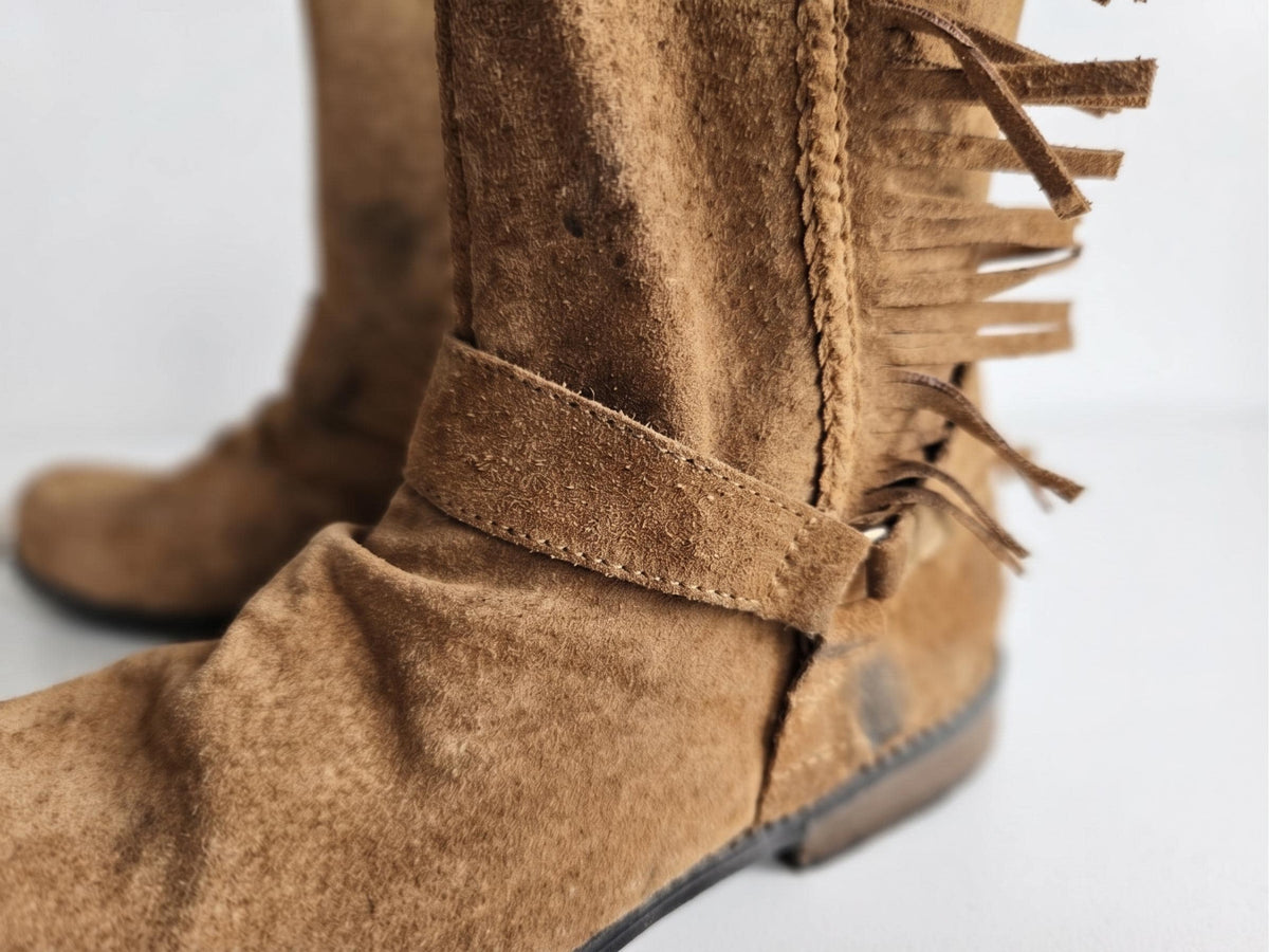 Rustic Western Fringe Leather Boots Men UK 11, Tan Brown Biker Ankle Boots US 12, Mens Work Boots 44, Cowboy Ranch Wear