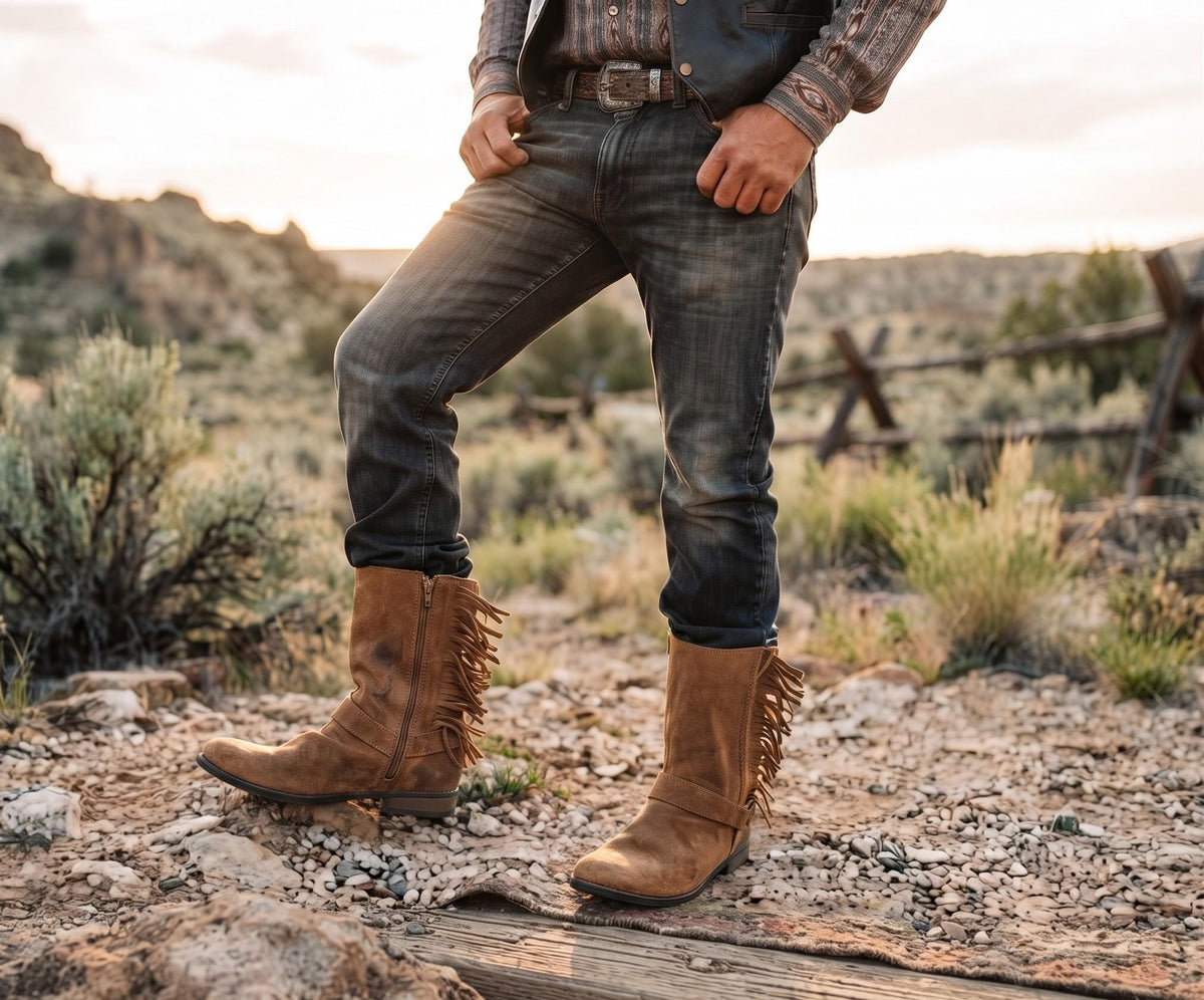 Rustic Western Fringe Leather Boots Men UK 11, Tan Brown Biker Ankle Boots US 12, Mens Work Boots 44, Cowboy Ranch Wear