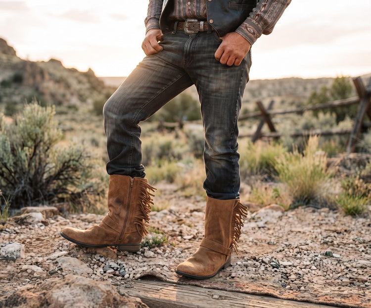 Rustic Western Fringe Leather Boots Men UK 11, Tan Brown Biker Ankle Boots US 12, Mens Work Boots 44, Cowboy Ranch Wear
