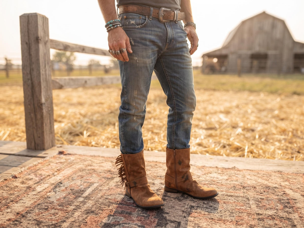 Rustic Western Fringe Leather Boots Men UK 11, Tan Brown Biker Ankle Boots US 12, Mens Work Boots 44, Cowboy Ranch Wear