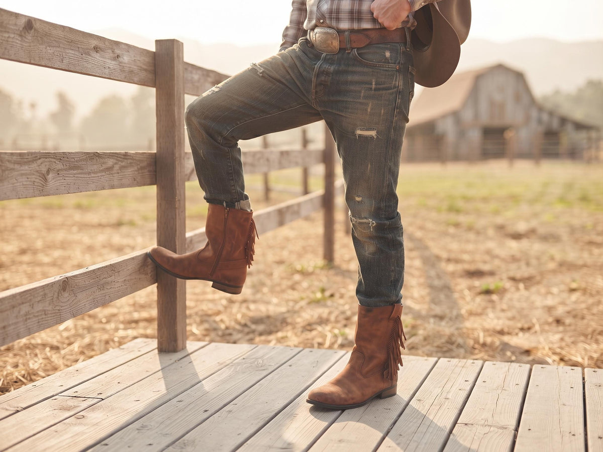 Rustic Western Fringe Leather Boots Men UK 11, Tan Brown Biker Ankle Boots US 12, Mens Work Boots 44, Cowboy Ranch Wear