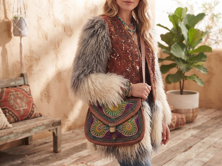 Embroidered Leather Crossbody Bag: Boho Hippie Festival Style