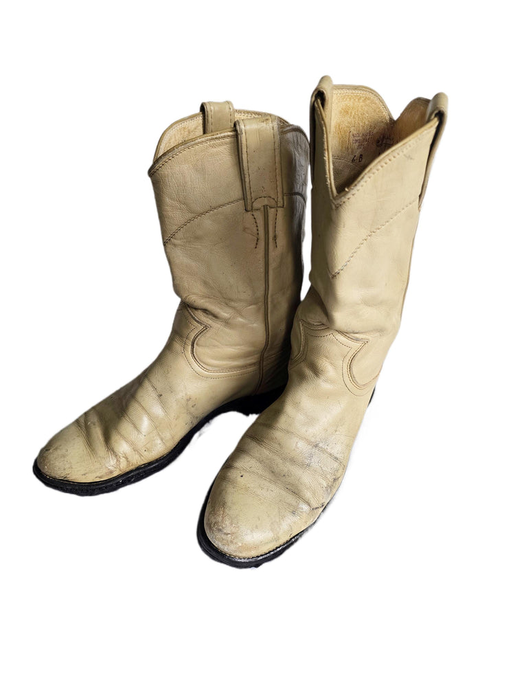 Distressed Beige Leather Western Boots Women US 6, Justin Cowboy Western Boots UK 4, Mid Calf Riding Boots, Rustic Festival Boots USA Made