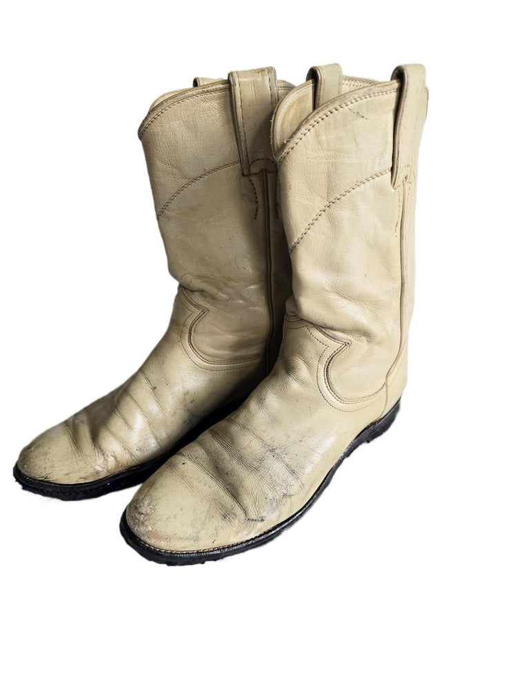 Distressed Beige Leather Western Boots Women US 6, Justin Cowboy Western Boots UK 4, Mid Calf Riding Boots, Rustic Festival Boots USA Made