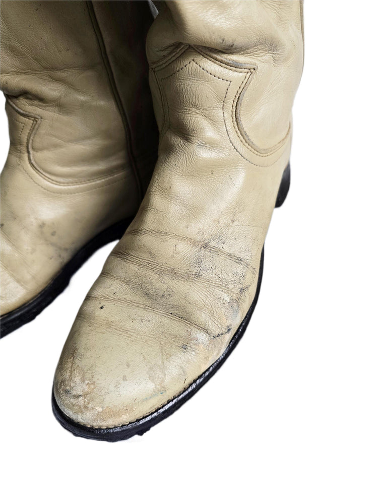 Distressed Beige Leather Western Boots Women US 6, Justin Cowboy Western Boots UK 4, Mid Calf Riding Boots, Rustic Festival Boots USA Made