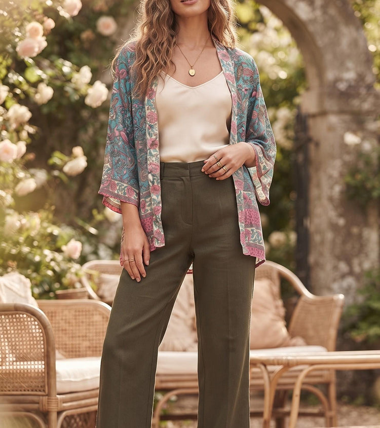 Boho Silk Kimono Jacket, Patchwork Floral Kimono, Handmade Indian Silk Jacket, Festival Cover Up, Hippie Beachwear, Summer Cardigan