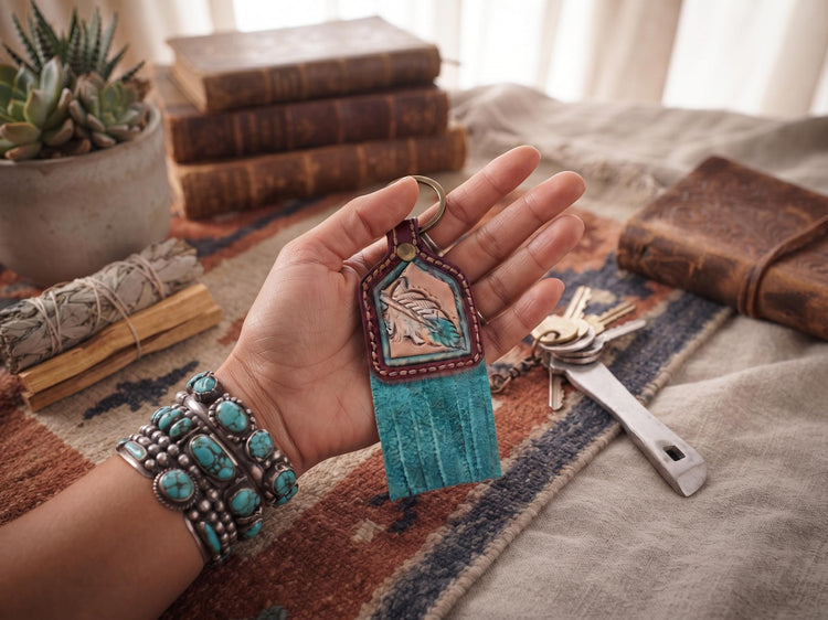 Hand Tooled Leather Feather Keychain: Turquoise Suede Fringe Western Purse Charm