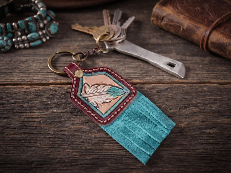 Hand Tooled Leather Feather Keychain: Turquoise Suede Fringe Western Purse Charm