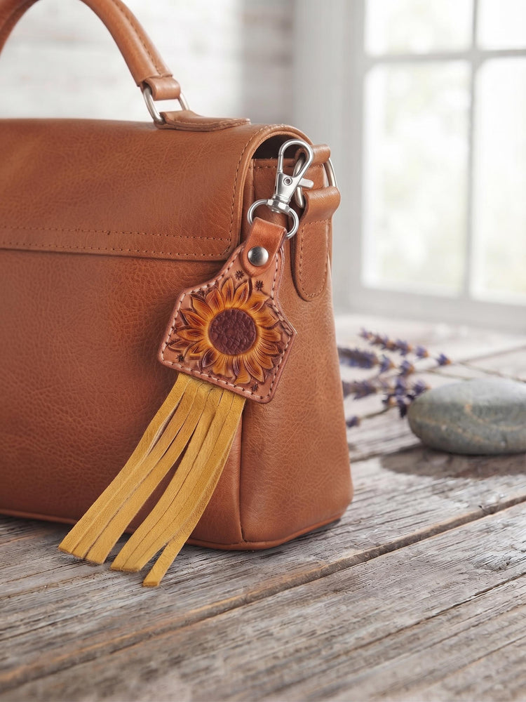 Hand Tooled Leather Sunflower Keychain with Fringe – Boho Western Bag Charm