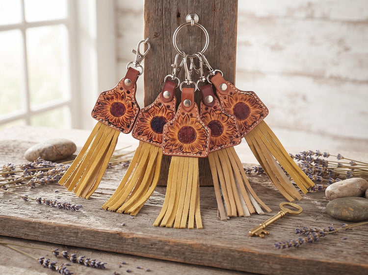 Hand Tooled Leather Sunflower Keychain with Fringe – Boho Western Bag Charm