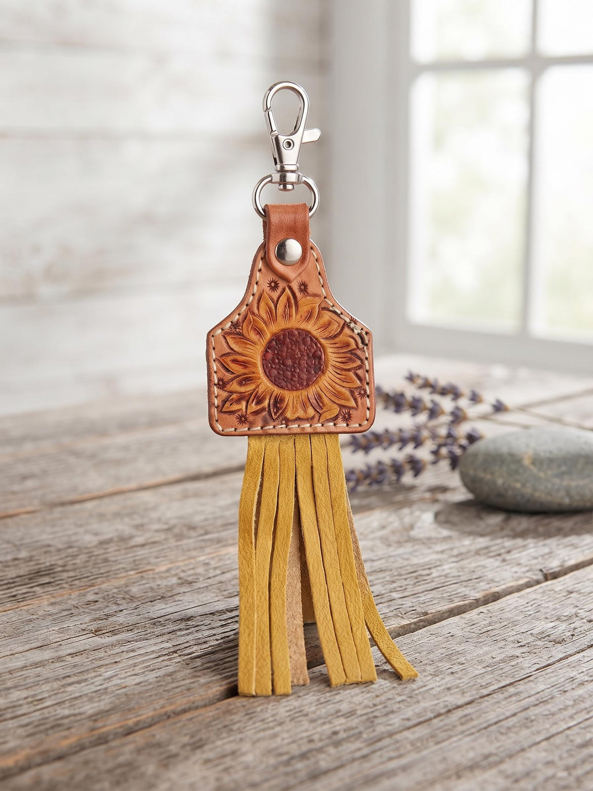 Hand Tooled Leather Sunflower Keychain with Fringe – Boho Western Bag Charm
