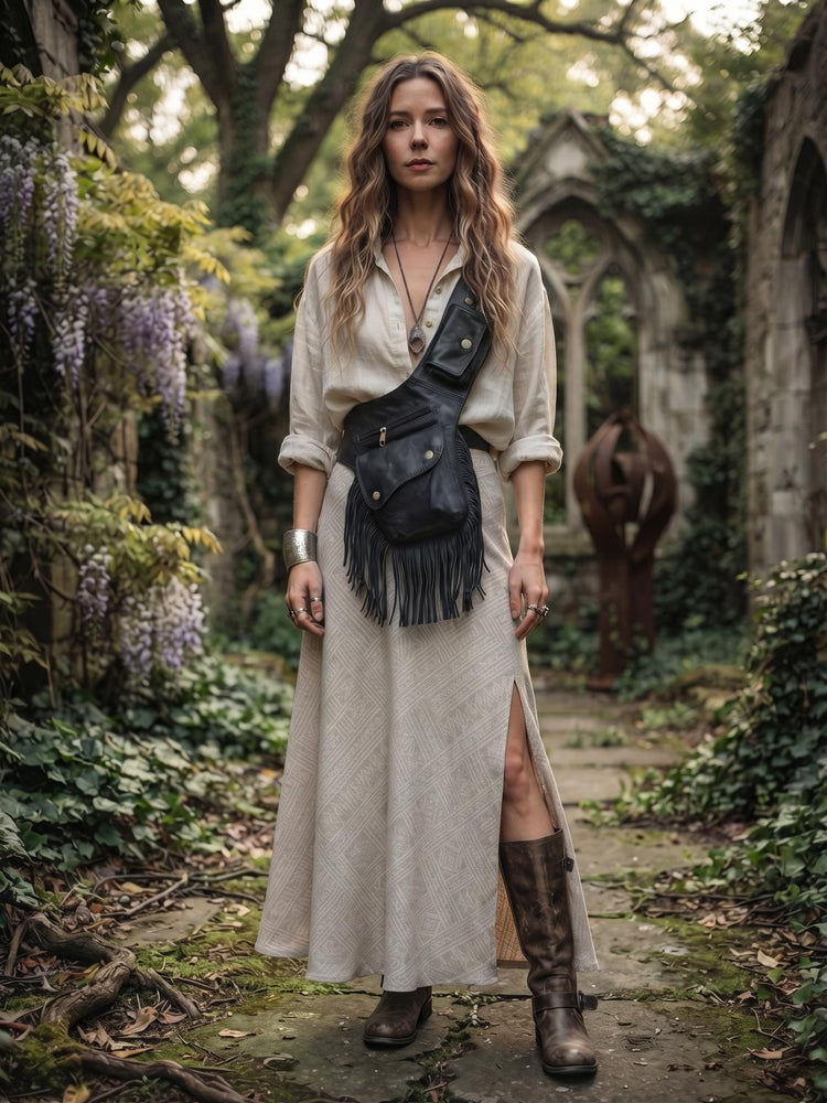 Leather Festival Belt Bag with Fringe – Boho Hip Pouch, Western Bum Bag & Steampunk Waist Bag
