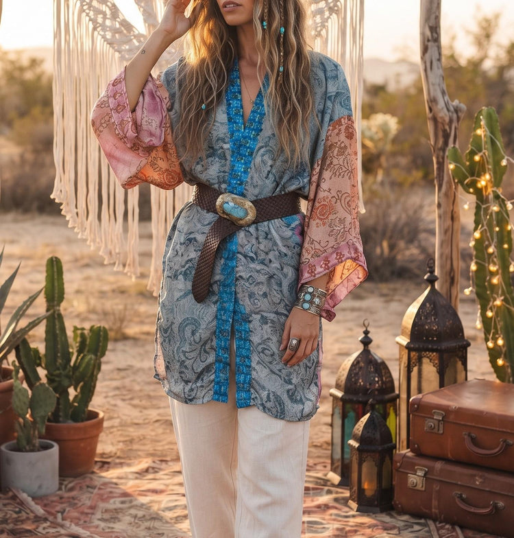Handmade Silk Patchwork Kimono: Boho Festival Jacket, Beach Cover-Up
