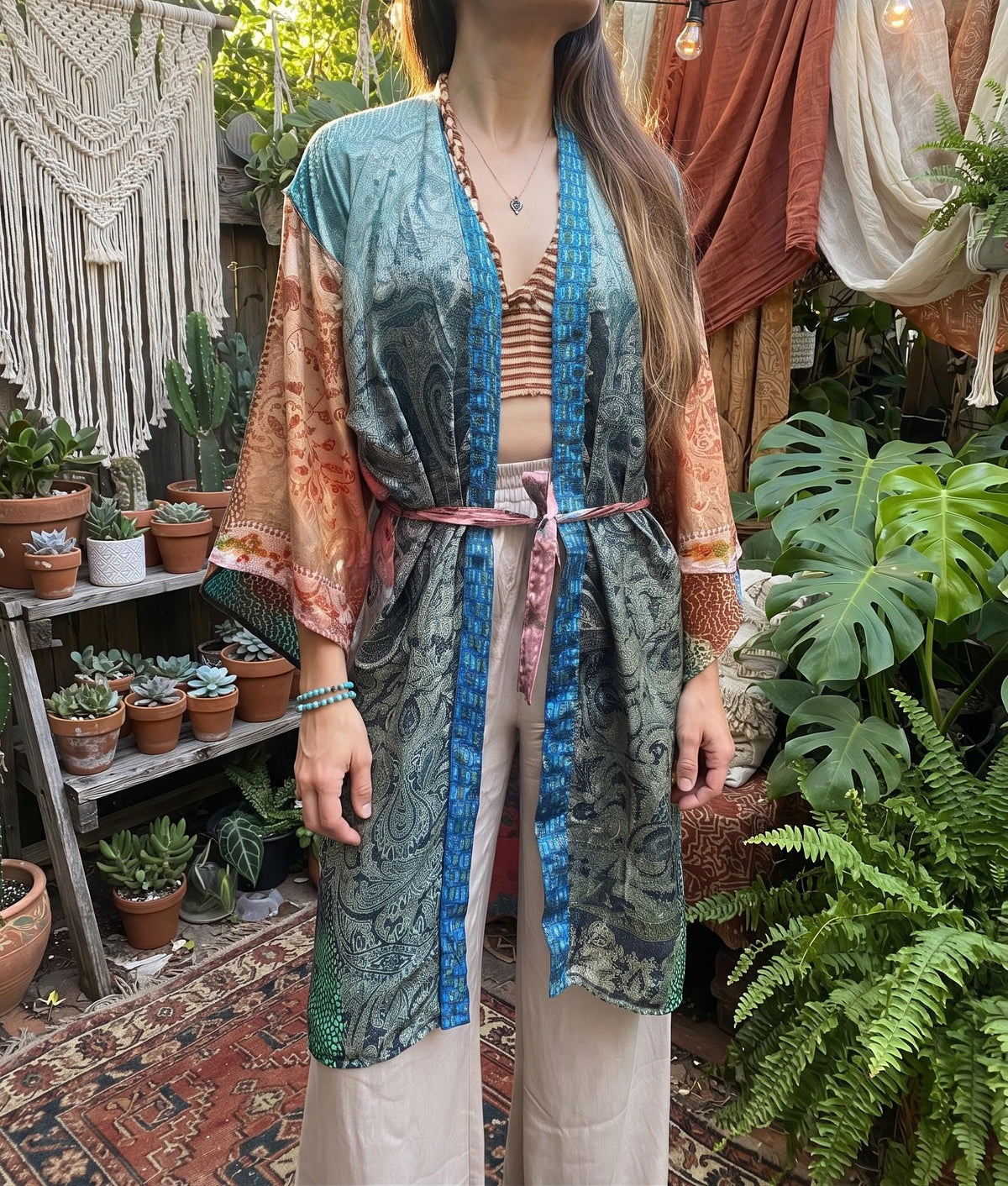 Handmade Silk Patchwork Kimono: Boho Festival Jacket, Beach Cover-Up